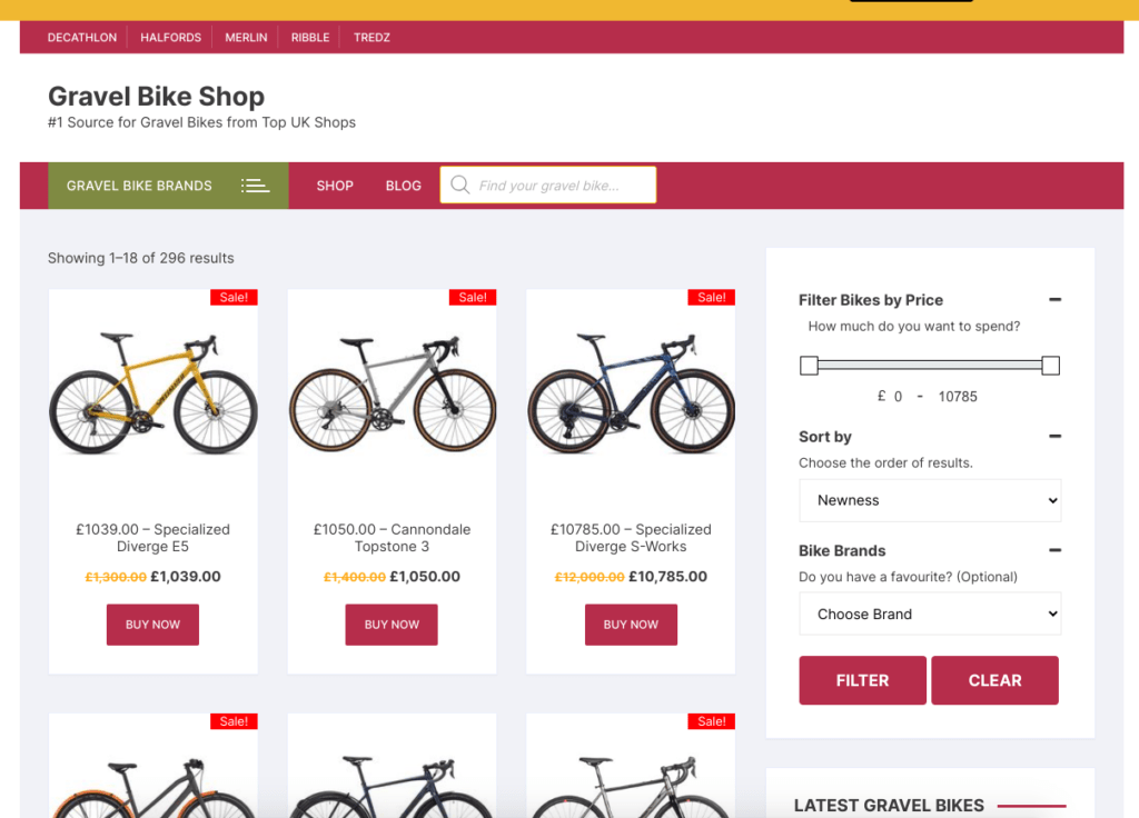 gravelbikeshop.co.uk website showing gravel bikes for sale